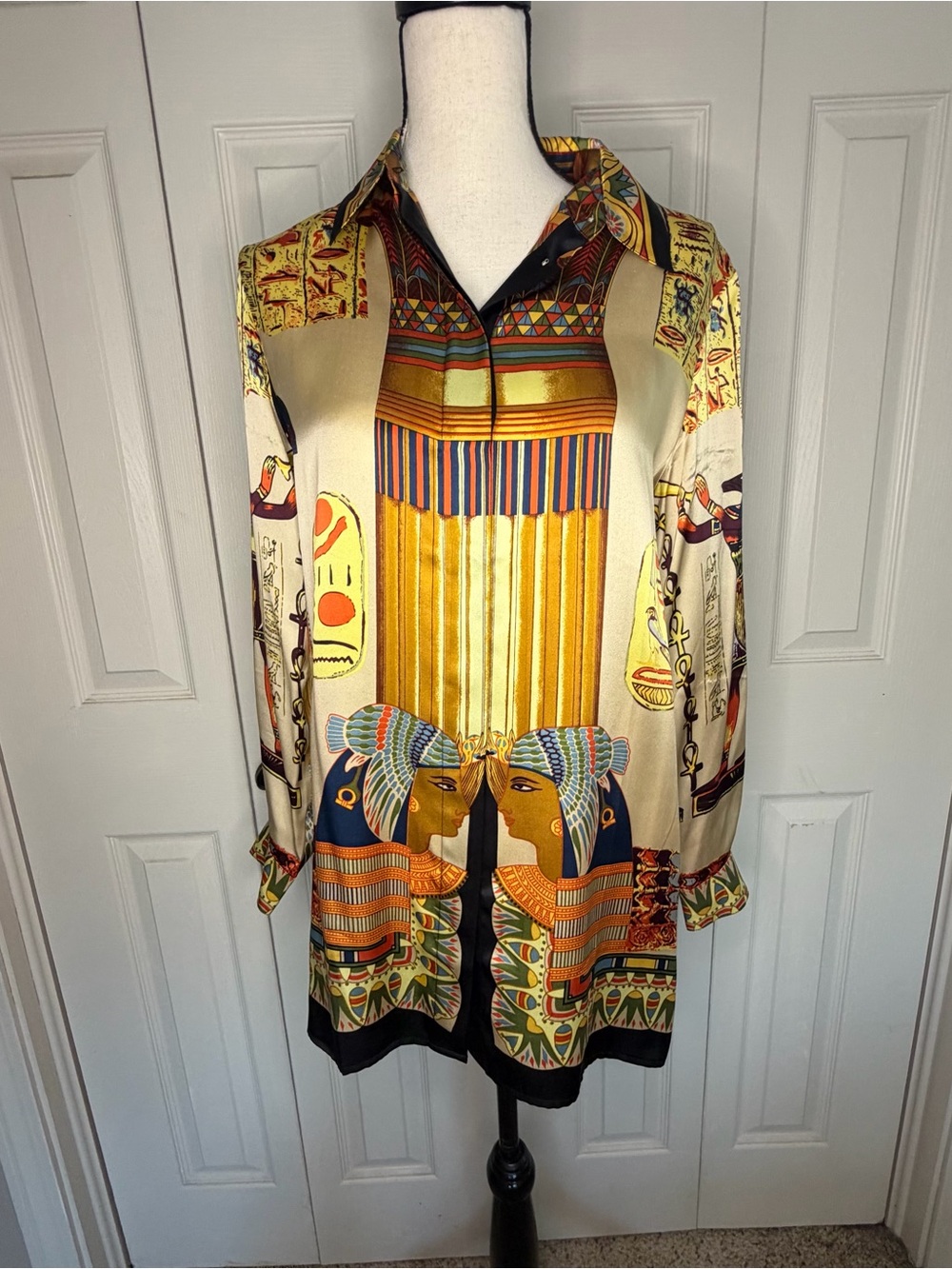 Vintage Egyptian Print Button Front Blouse | Oversized Statement Shirt | Boho